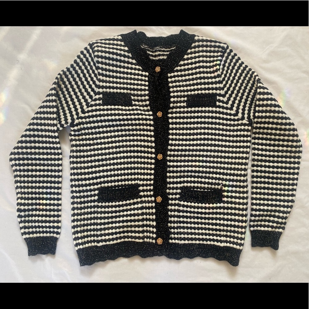 Chanel Knit Button up Cardigan sweater black white Small